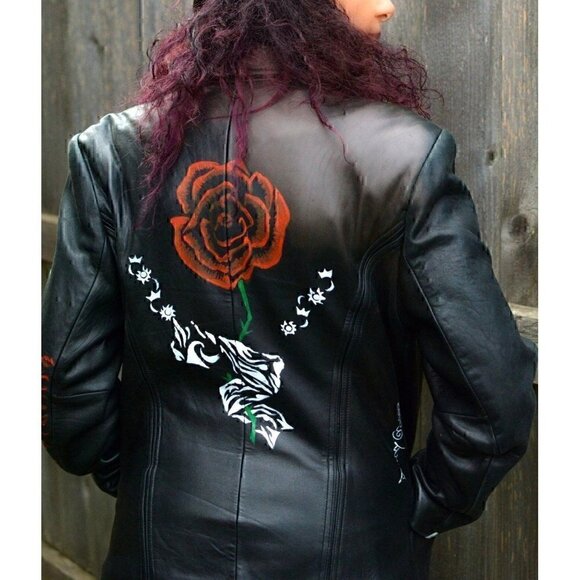 Hand Crafted Jackets & Blazers - Vintage black leather, hip-length zip up jacket, hand painted retro, rose sz M